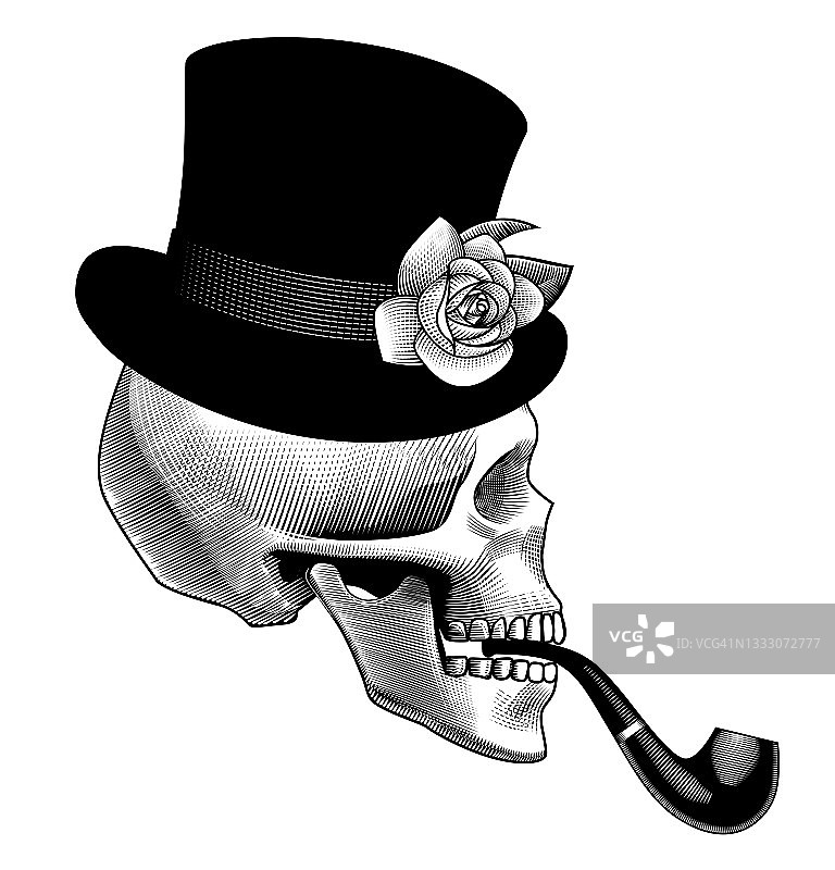 人头骨半脸抽烟斗和黑色大礼帽与玫瑰图片素材