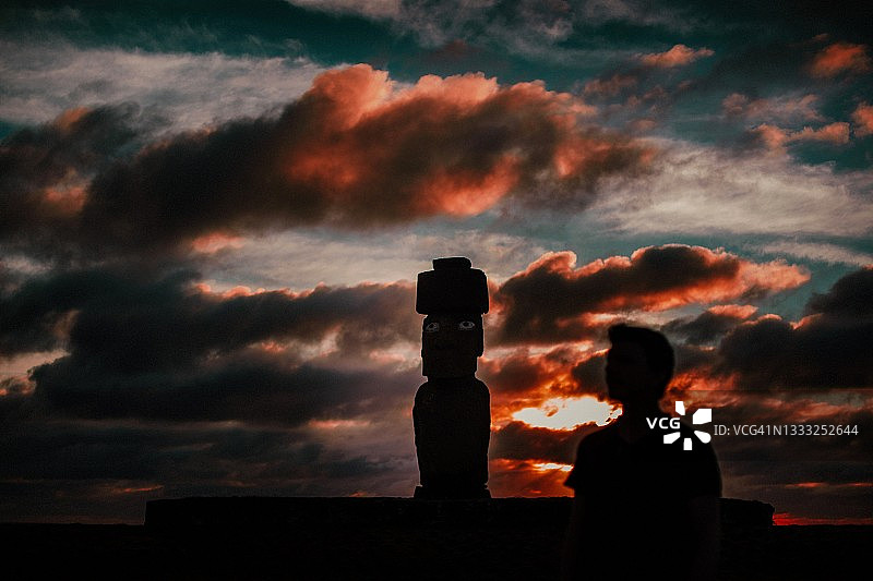在智利复活节岛，摩埃石像和一个男人的剪影在爆炸的乌云下的日落图片素材