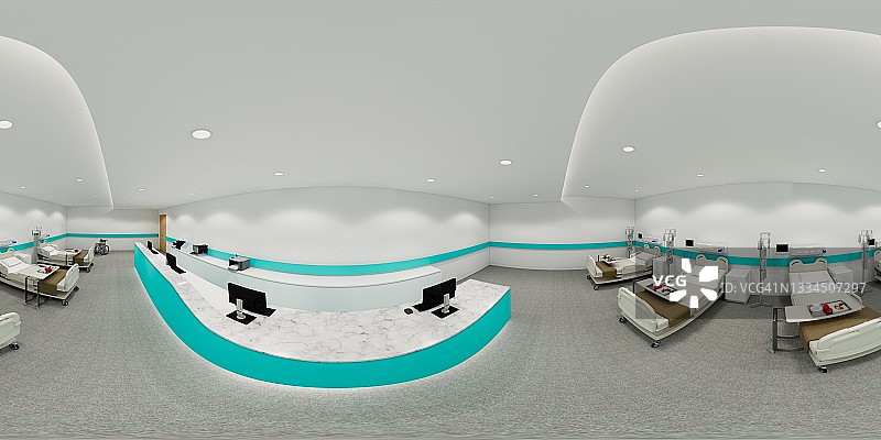 有床的病房。空床和轮椅护理诊所或医院。3d渲染房间和舒适。现代医院，保健理念。三维插图球形360 vr度。图片素材