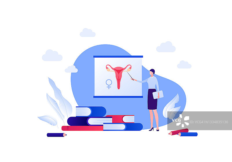 性教育与女性生殖系统生物学课堂概念。矢量平的人插图。教师用指针和解剖图在图表上。性别符号。设计教育。图片素材