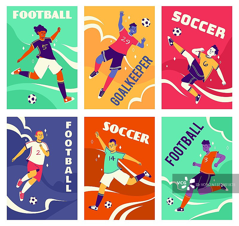 足球运动员卡。足球运动员在不同的动态姿势，领先和击球，运动员在比赛过程和文本，团队运动游戏。明亮的色彩海报，矢量卡通集图片素材