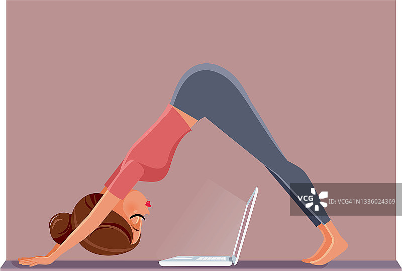 女人锻炼与笔记本电脑上的瑜伽垫矢量卡通图片素材