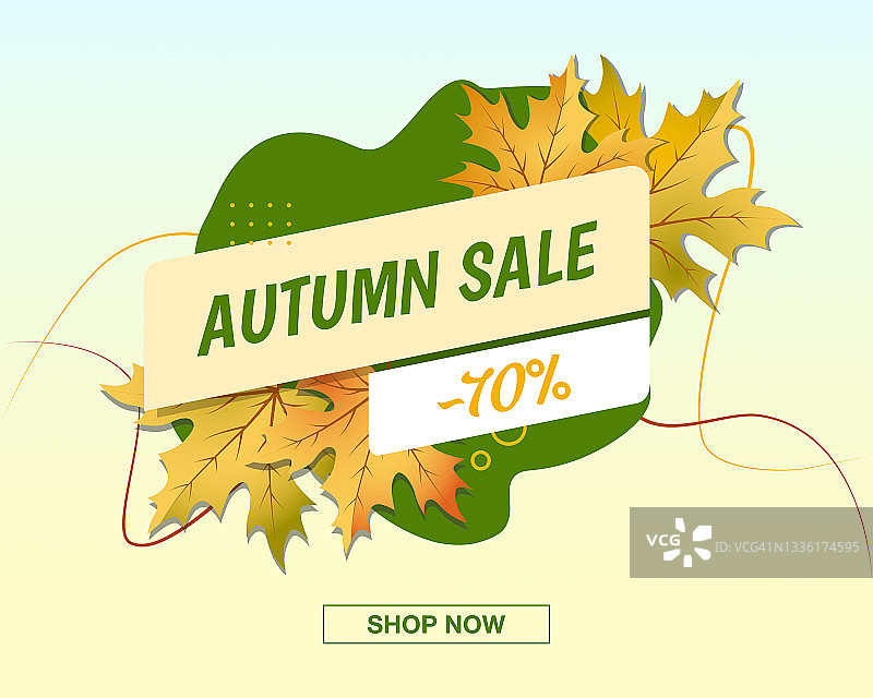 秋天大甩卖绿色的横幅，热季打折的海报上有橙色和黄色的枫叶图片素材