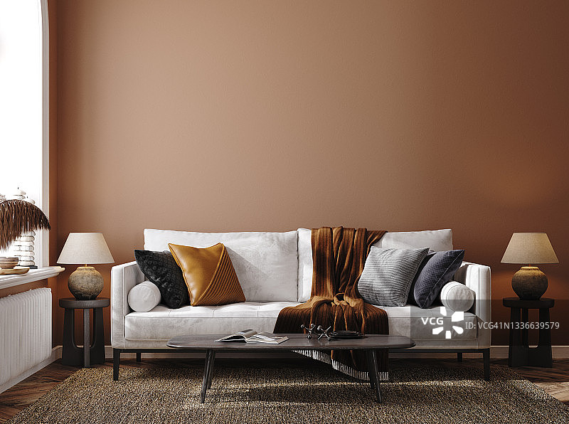 住宅模型，棕色暖色客厅与沙发和装饰图片素材