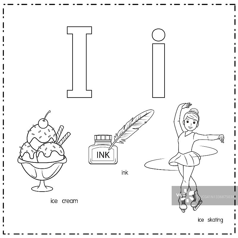 向量插图学习字母I的小写和大写的儿童与3卡通图像。冰淇淋墨水滑冰。图片素材
