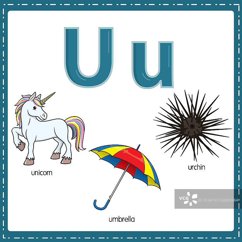 向量插图学习字母U的小写和大写的儿童与3卡通图像。独角兽雨伞海胆。图片素材
