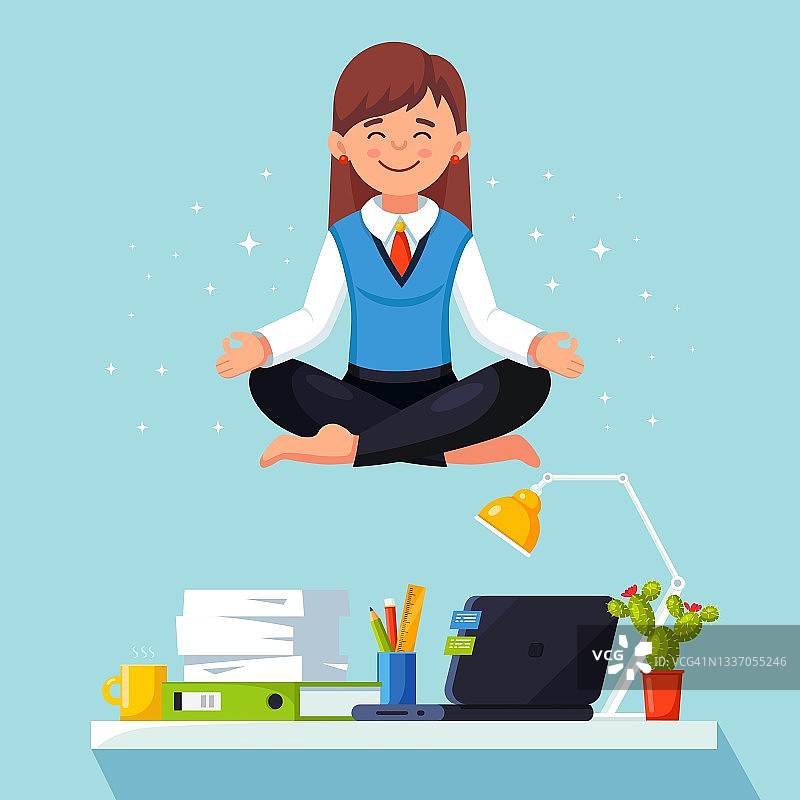 女人在办公室做瑜伽。工作人员坐在办公桌上莲花坐，冥想，放松，平静和管理压力。矢量平面设计图片素材