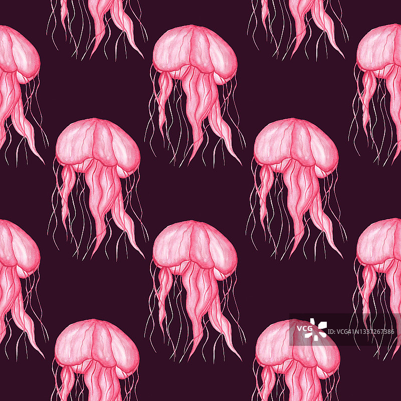 粉红色透明的水母在黑暗的背景。无缝模式。水彩插图。海洋生物。水下世界。用于织物上的印刷。图片素材