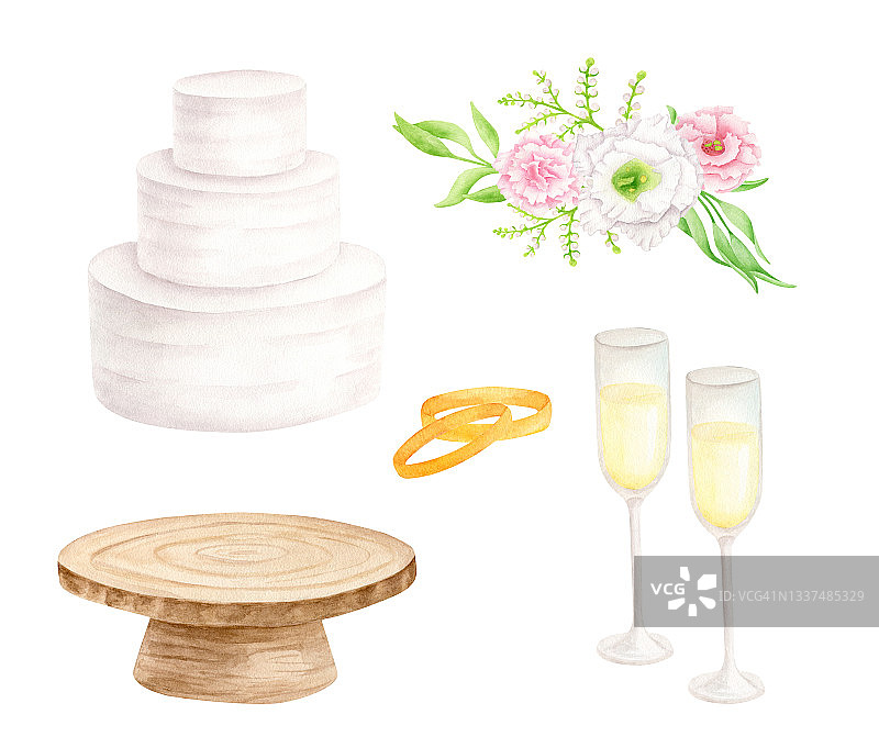 水彩的婚礼。手绘分层白色奶油蛋糕，乡村木蛋糕架，香槟杯，金婚戒和插花。单独说明邀请，保存日期。图片素材