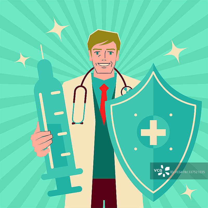 自信成熟的医生戴着听诊器，拿着盾牌和大注射器与疾病作斗争图片素材