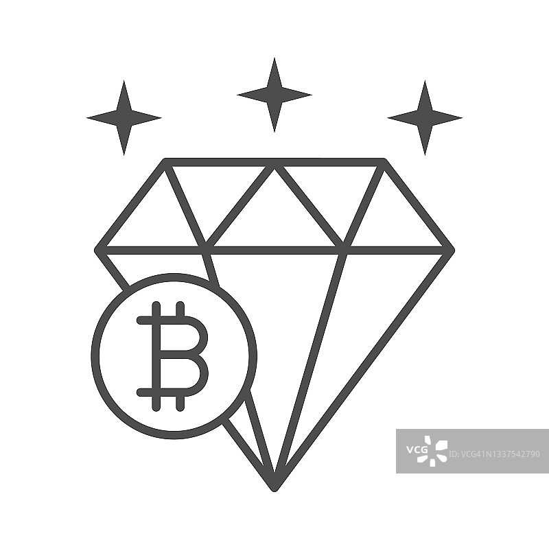 比特币，闪亮的钻石，闪亮的星星细线图标，加密货币概念，白色背景上的BTC矢量标志，轮廓风格图标的移动概念和网页设计。矢量图形。图片素材