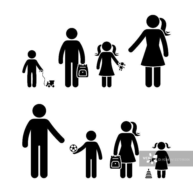 简笔人物妈妈和儿子女儿站在一起，爸爸和孩子向量图标集合。男孩和女孩背着书包回到学校，孩子们玩着白色的象形剪影玩具图片素材