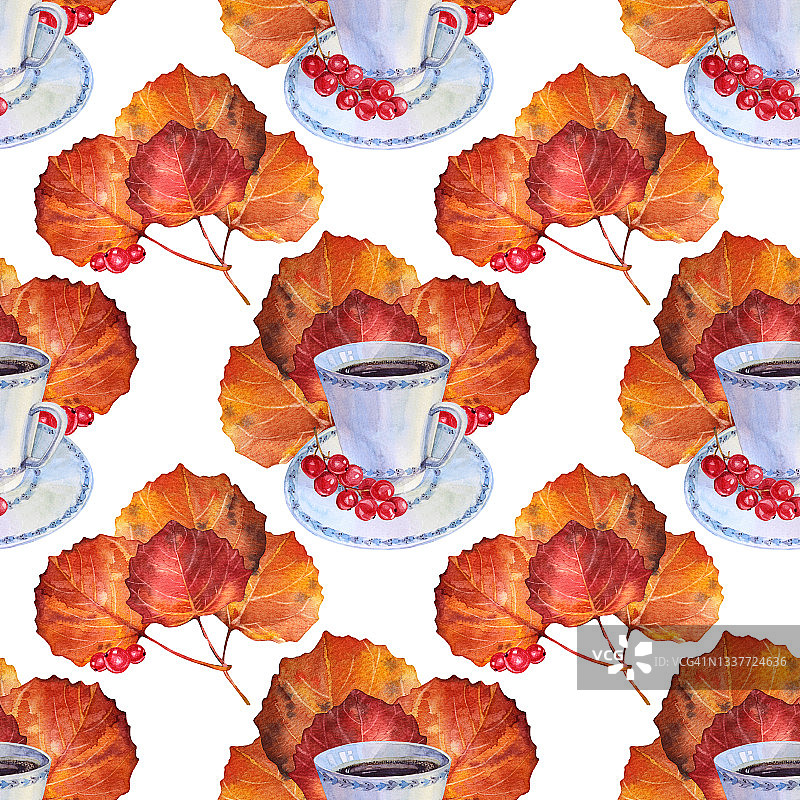 秋天的花束和一杯热茶或热咖啡。水彩手绘橙叶，红醋栗，饮料孤立在白色背景。自然植物枝叶。万圣节的创意剪纸，菜单图片素材