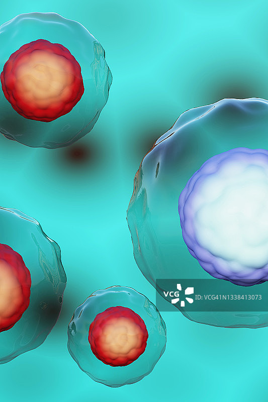 健康的蓝色细胞变成生病的红色细胞。中毒、感染的概念。医学和医疗保健。垂直的3 d。图片素材