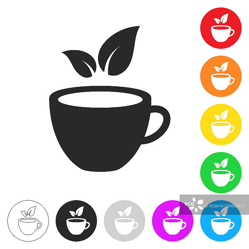茶杯和茶叶。按钮上不同颜色的平面图标图片素材