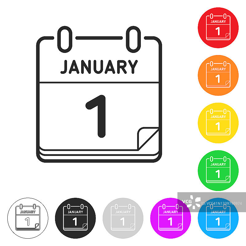 1月1日。按钮上不同颜色的平面图标图片素材