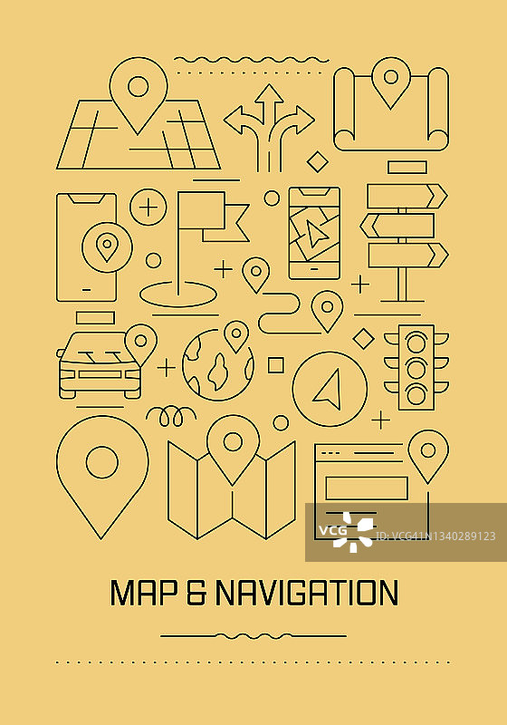 地图和导航相关的现代线设计小册子，海报，传单，演示模板矢量插图图片素材