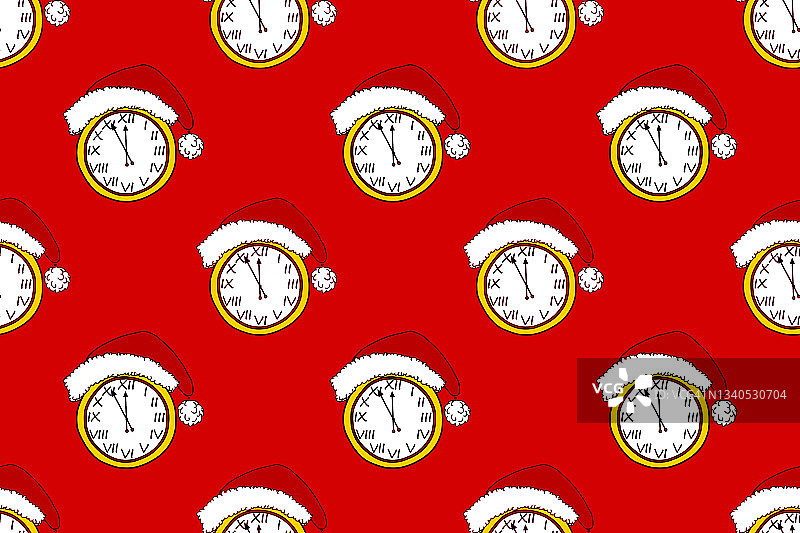 这款复古手表的表盘设定在除夕的12点。圣诞钟上戴着圣诞老人的帽子或帽子，背景是红色的。分针是在新年前五分钟设置的。无缝模式。节日包装纸模板。图片素材