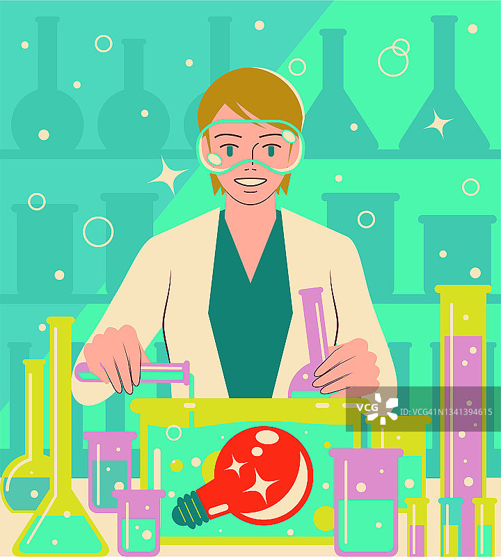 一位微笑着的年轻女科学家或化学家正在做一个科学实验，并将液体倒入一个装有大点子灯泡的瓶子里图片素材