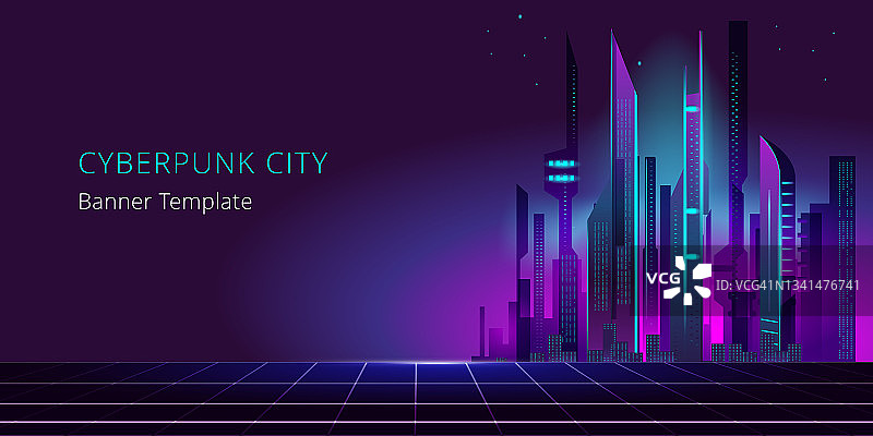 赛博朋克风格的梦幻城市。未来的夜城。图片素材