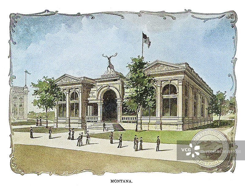 1893年芝加哥哥伦比亚博览会上蒙大拿州立大楼的旧版画插图图片素材