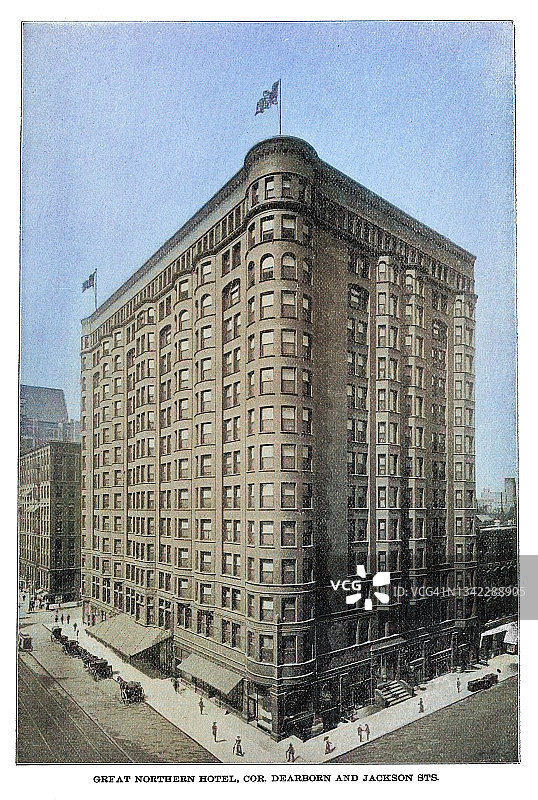 芝加哥在19世纪的旧版画插图，大北方酒店，Cor. Dearborn和杰克逊圣。图片素材