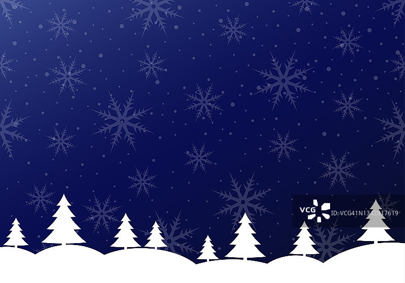 冬天的背景，雪景与雪花，夜空和圣诞树。圣诞和新年贺卡设计元素。矢量插图。图片素材