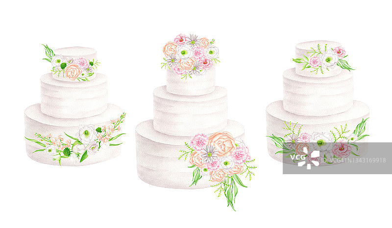 水彩婚礼蛋糕与鲜花设置。手绘分层白色奶油甜点隔离在白色。插图生日派对，保存日期，邀请，菜单，餐厅，商店，面包店的标志。图片素材