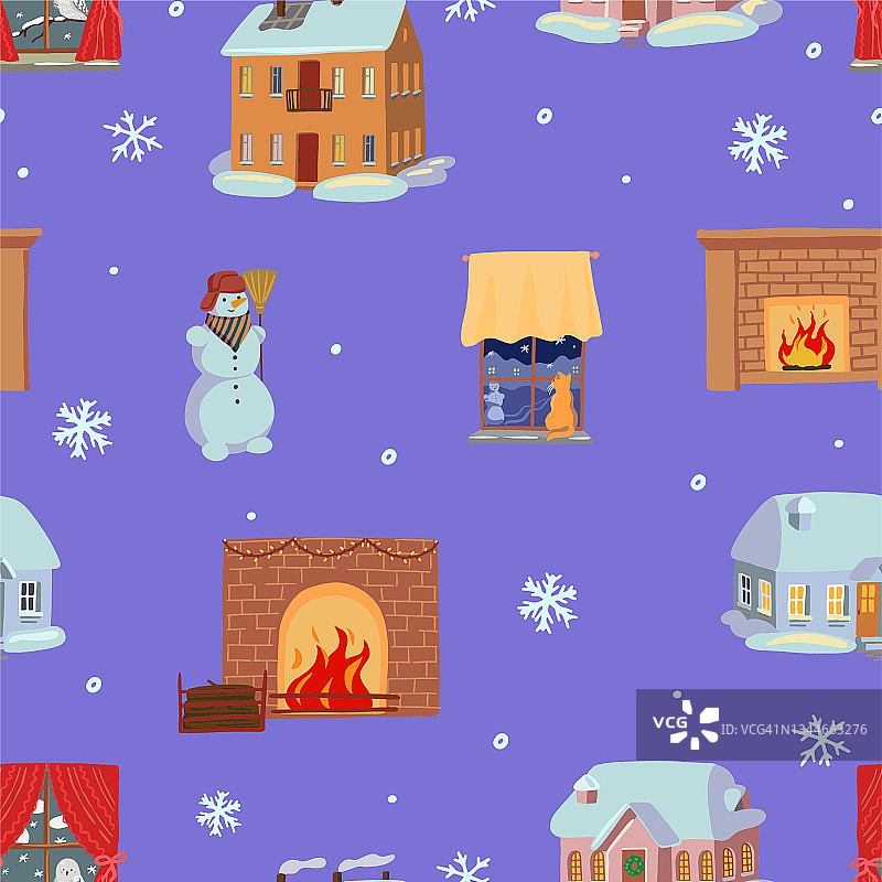 下雪的房子，壁炉，舒适的窗户，雪人，雪花。卡通风格的冬季装饰。矢量无缝模式为假日设计，背景，墙纸，纺织品，明信片，包装，装饰。图片素材
