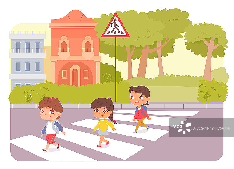 学校儿童行人过马路走斑马线，安全走十字路口图片素材