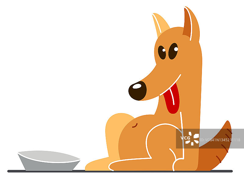 有趣的卡通狗坐在他的碗旁边吃饱了，快乐的矢量平面风格插图孤立在白色，可爱和可爱的家养动物朋友。图片素材