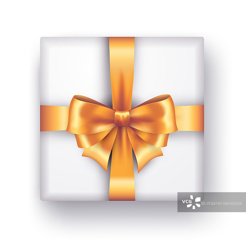 装饰白色礼品盒与金色蝴蝶结和丝带孤立在白色背景。前视图。向量图片素材