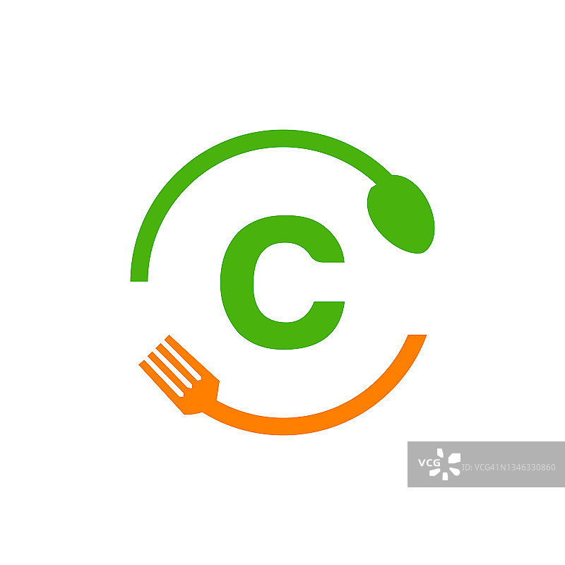 餐厅标志设计与勺子和叉子的字母C概念模板。厨房工具，食物图标。采购产品烹饪标志，烧烤标志，烧烤叉与C字母向量图片素材