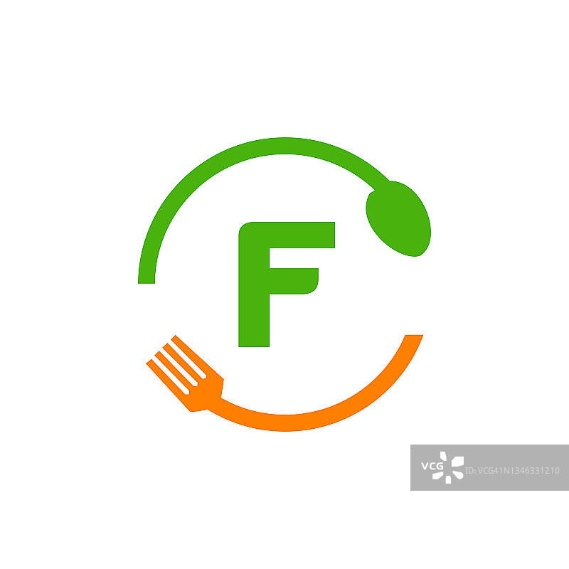 餐厅标志设计与勺子和叉子的字母F概念模板。厨房工具，食物图标。采购产品烹饪标志，烧烤标志，烧烤叉与F字母向量图片素材