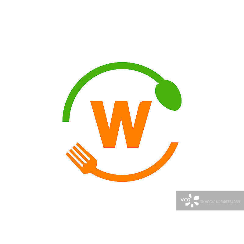 餐厅标志设计与勺子和叉子的字母W概念模板。厨房工具，食物图标。烹饪标志，烧烤标志，烧烤叉与W字母向量图片素材