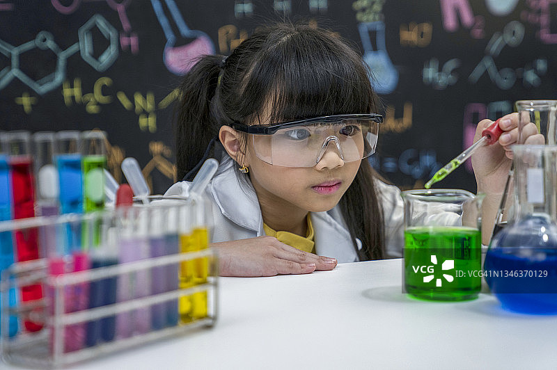 一个打扮成科学家的女孩指着黑板。图片素材