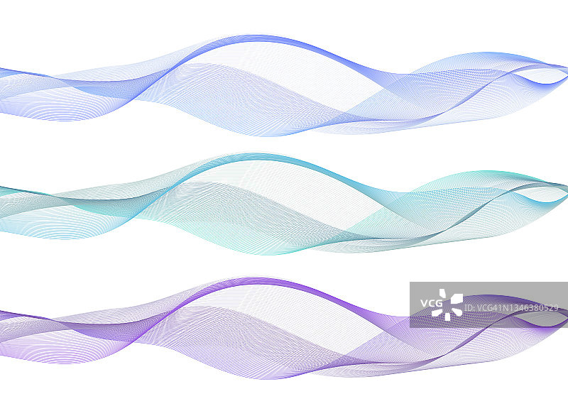 抽象的波浪漩涡，蓝色、蓝绿色和紫色的色彩流动。空气波与透明面纱纹理，波状曲线和漩涡，s为设计，隔离don白色背景。矢量插图。图片素材