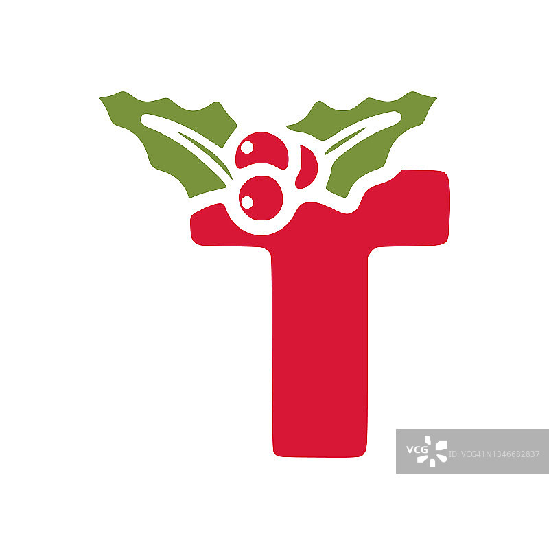 红色的字母t与槲寄生，圣诞节的字母矢量剪贴艺术孤立在白色的背景图片素材