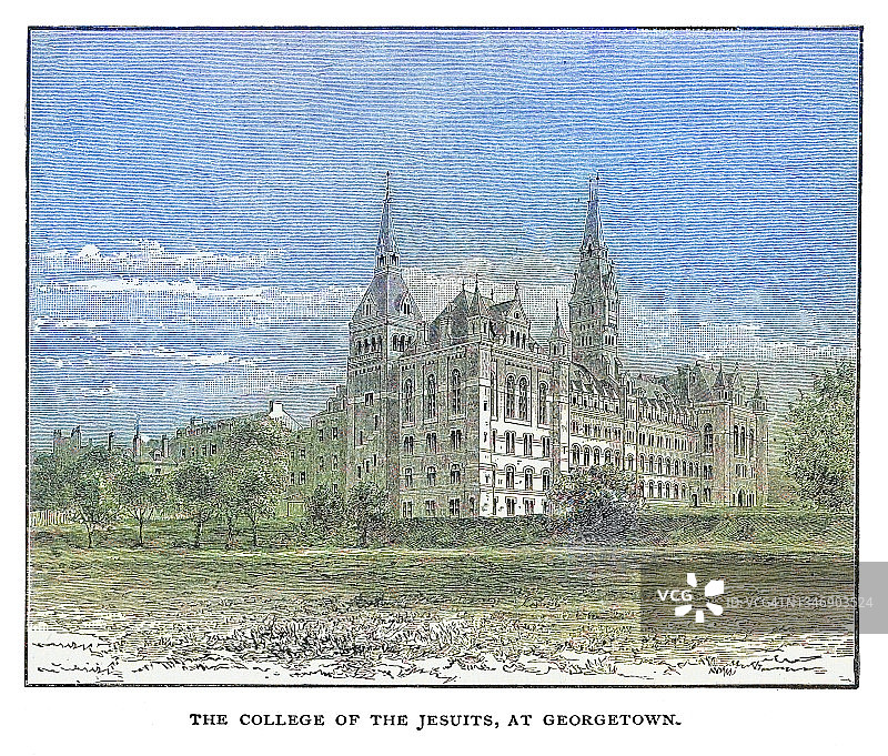 华盛顿特区乔治敦的耶稣会士学院的古老雕刻插图。、美国图片素材
