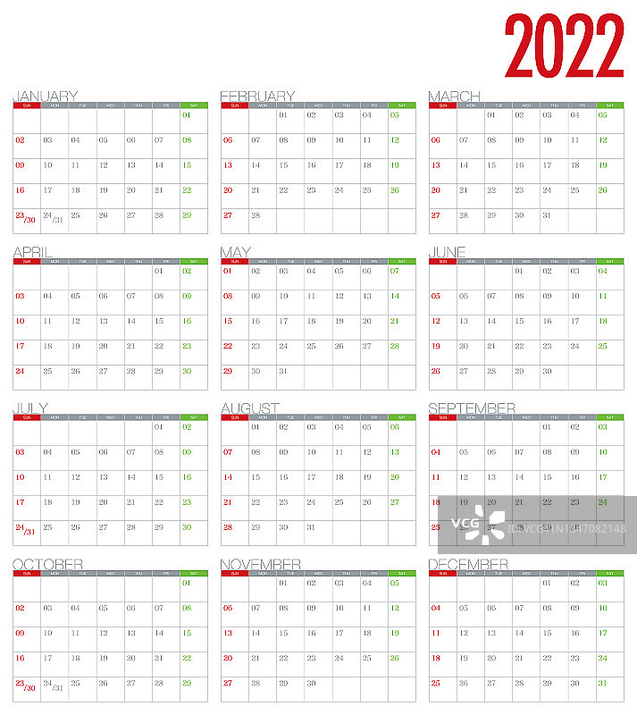 公历2022 - 12个月(星期日至星期六)图片素材