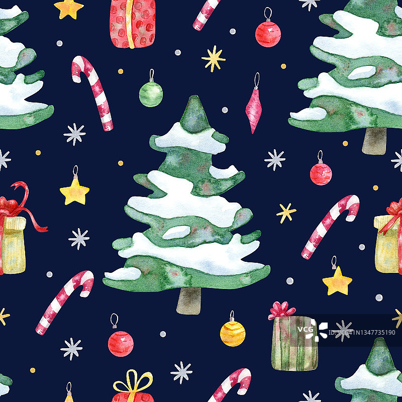 无缝模式与圣诞树和装饰在海军蓝的背景。图片素材