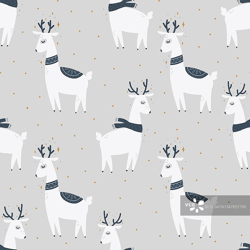 圣诞和新年的象征树和鹿斯堪的纳维亚手绘无缝图案。向量可爱的打印。电子纸。设计元素。图片素材