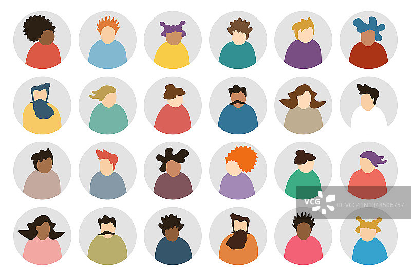 Avatar抽象现代人物圆形图标集-社交网络的轮廓多样化的脸-矢量插图图片素材
