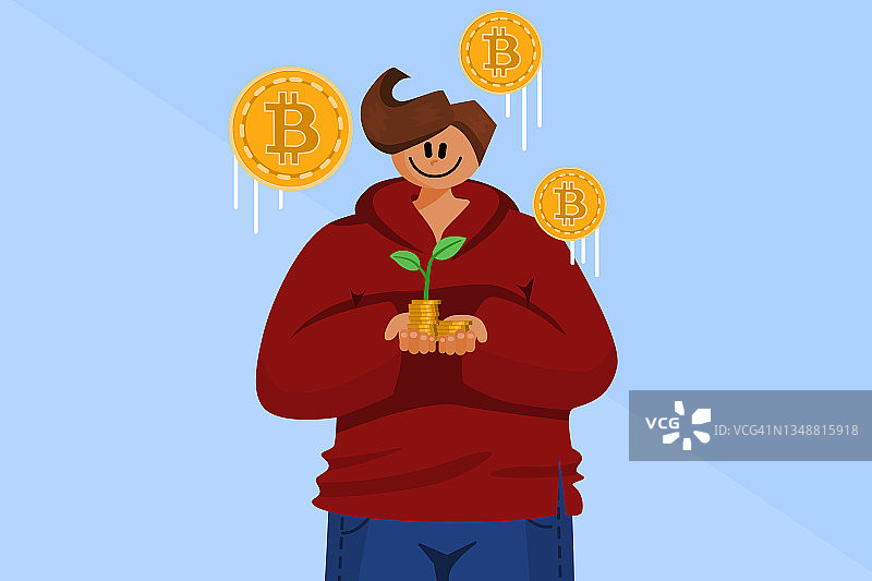 加密货币插画概念展示了一名男子拿着不断增长的加密货币和一株象征着比特币市场不断增长的投资的小植物。图片素材