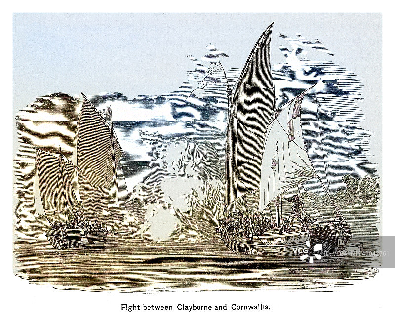 克雷伯恩和康沃利斯之间海战的古老雕刻插图图片素材