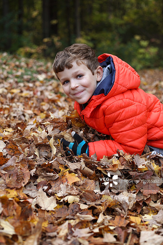 男孩在玩秋天的树叶图片素材