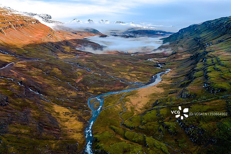 在冰岛，用无人机观察雄伟的山谷和河流的流动。图片素材