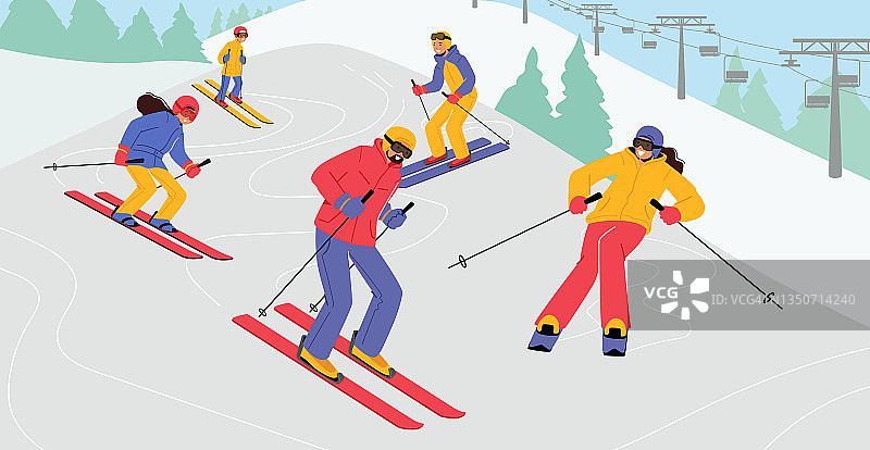 快乐的人们在滑雪场的雪坡上滑雪。冬季假期活动。运动家玩图片素材