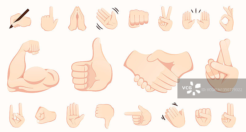手势表情符号图标集合。握手，二头肌，鼓掌，拇指，和平，摇滚，好的，叠手手势。套不同的表情手孤立的插图。图片素材