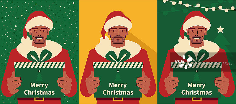 快乐英俊成熟的男人穿着圣诞老人的衣服，手里拿着圣诞礼物，有三个背景图片素材